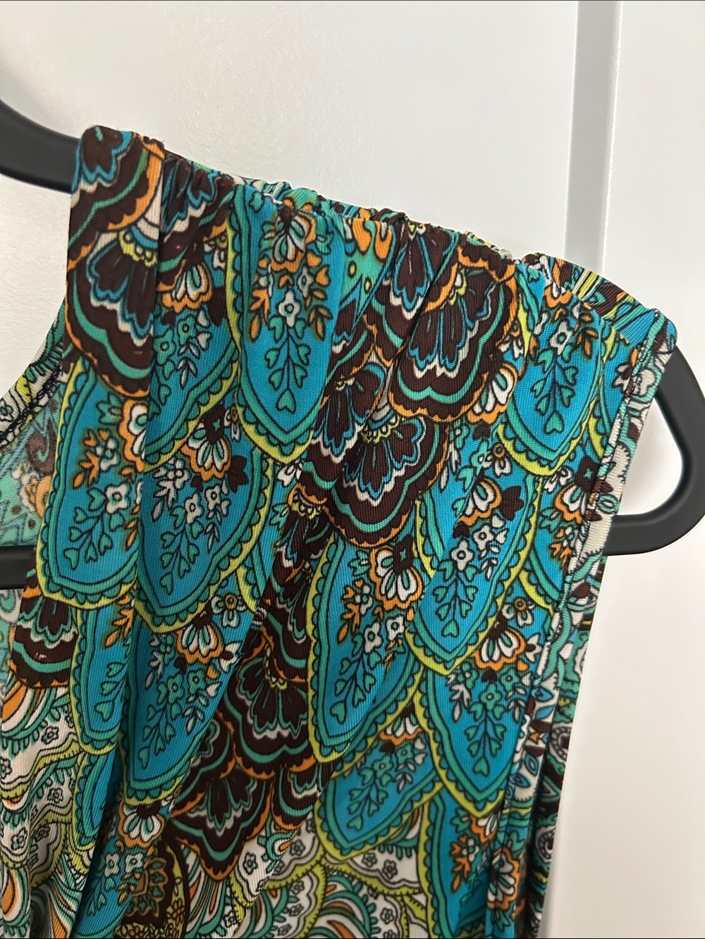 Tropical Teal and Brown Paisley Twist-Front Midi Dress weekend evening or beach - Picture 12 of 12